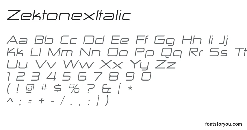 A fonte ZektonexItalic – alfabeto, números, caracteres especiais