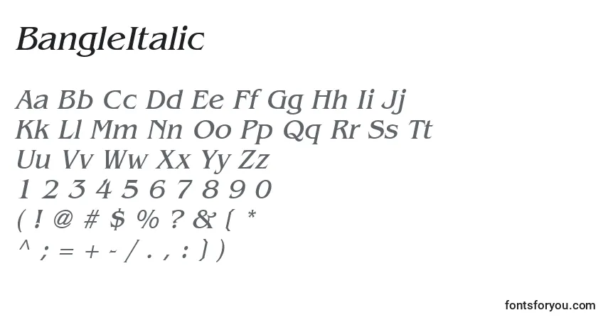 Schriftart BangleItalic – Alphabet, Zahlen, spezielle Symbole