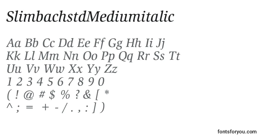 Шрифт SlimbachstdMediumitalic – алфавит, цифры, специальные символы