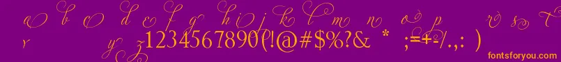 AdiosScriptAltIii-Schriftart – Orangefarbene Schriften auf violettem Hintergrund