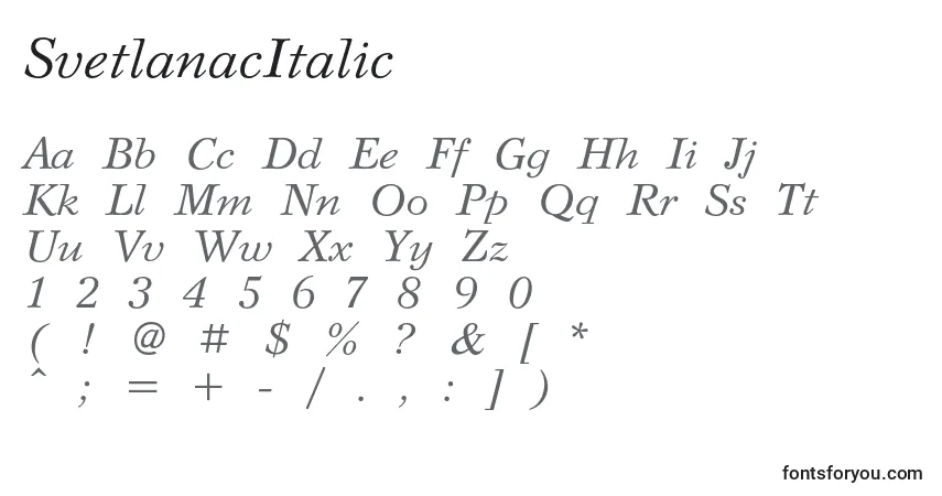 Шрифт SvetlanacItalic – алфавит, цифры, специальные символы