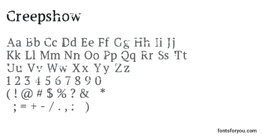 A fonte Creepshow – alfabeto, números, caracteres especiais