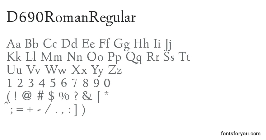 Czcionka D690RomanRegular – alfabet, cyfry, specjalne znaki
