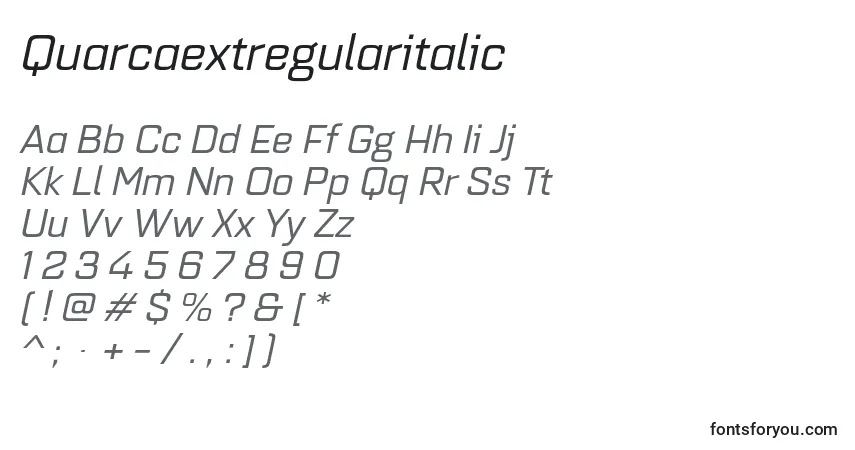 Czcionka Quarcaextregularitalic – alfabet, cyfry, specjalne znaki