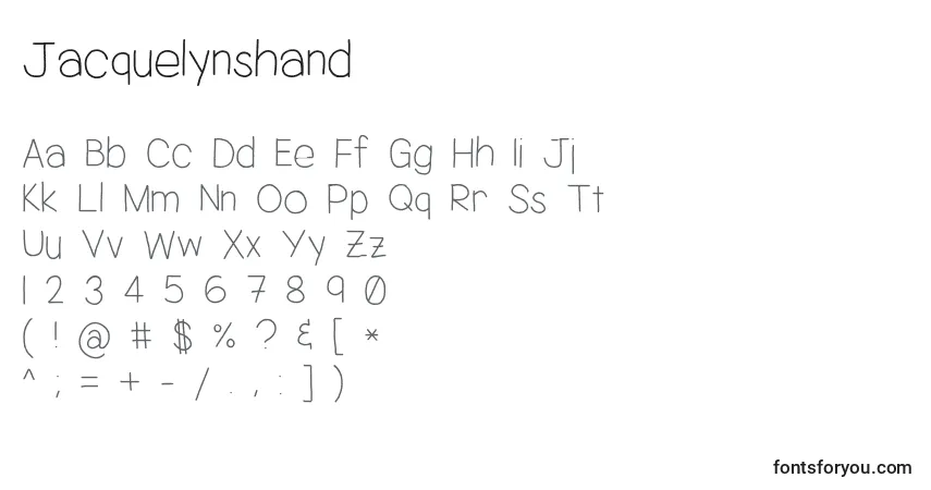 Czcionka Jacquelynshand – alfabet, cyfry, specjalne znaki
