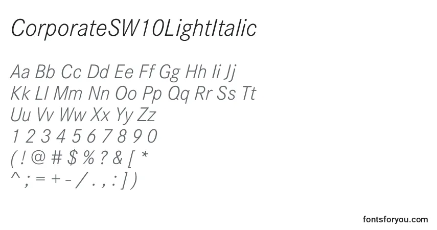 A fonte CorporateSW10LightItalic – alfabeto, números, caracteres especiais
