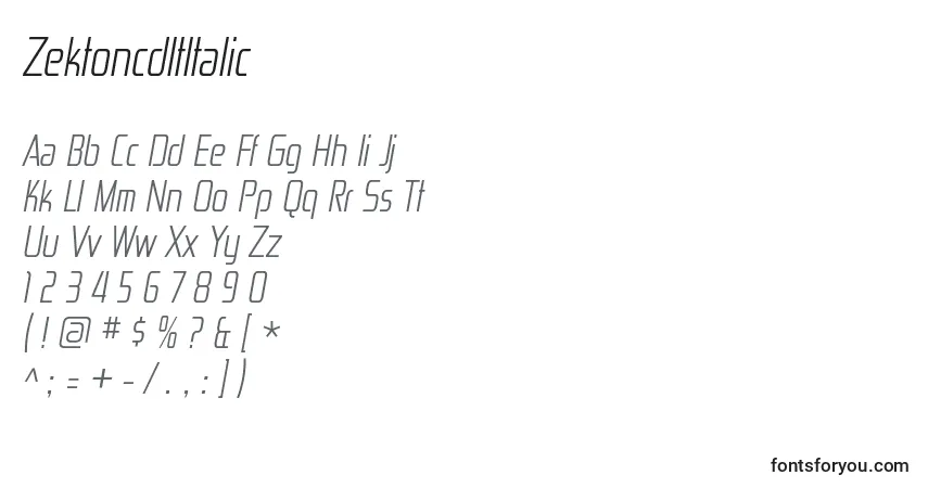 Schriftart ZektoncdltItalic – Alphabet, Zahlen, spezielle Symbole