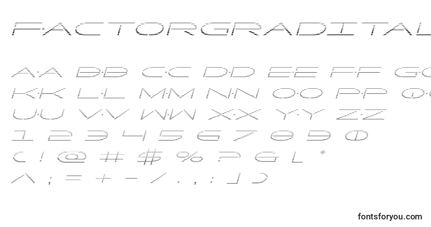Schriftart Factorgradital – Alphabet, Zahlen, spezielle Symbole