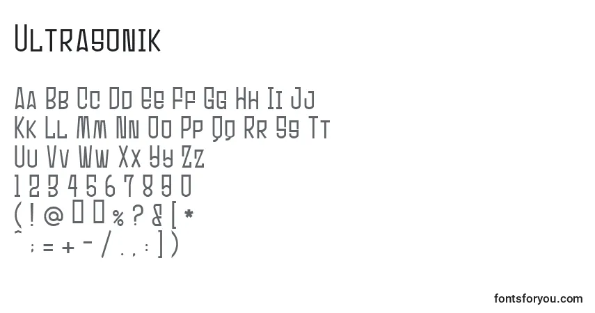 Schriftart Ultrasonik – Alphabet, Zahlen, spezielle Symbole