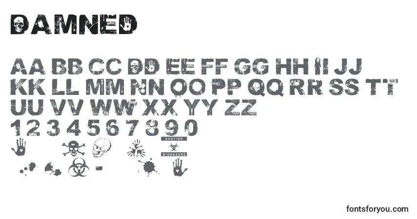 Шрифт Damned – алфавит, цифры, специальные символы