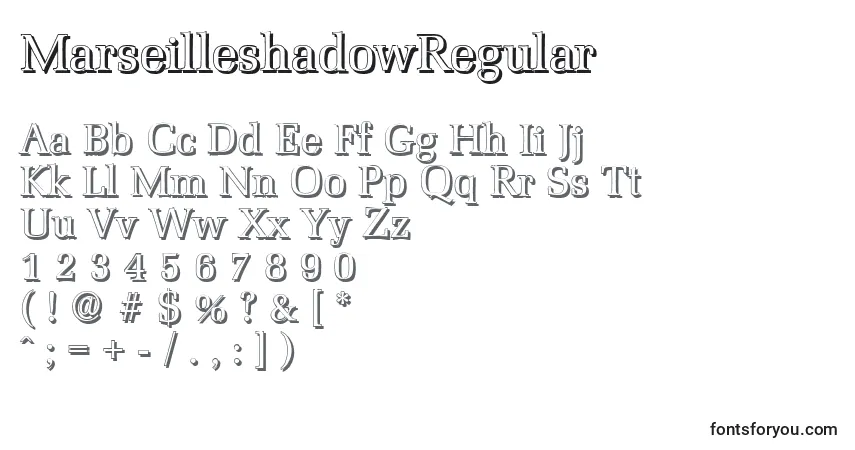 Czcionka MarseilleshadowRegular – alfabet, cyfry, specjalne znaki