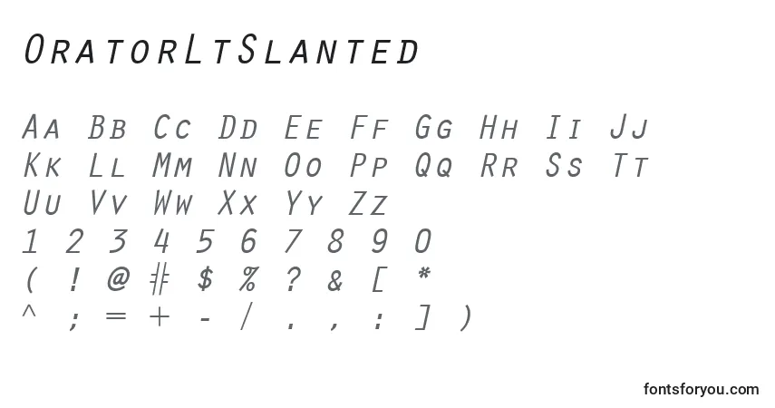 Czcionka OratorLtSlanted – alfabet, cyfry, specjalne znaki