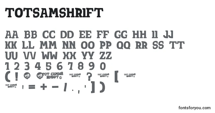 Schriftart Totsamshrift – Alphabet, Zahlen, spezielle Symbole