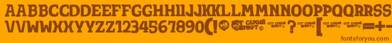 Więcej informacji o czcionce Totsamshrift Czcionka Totsamshrift – brązowe czcionki na pomarańczowym tle