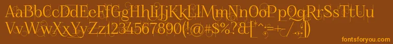フォントFoglihtenno04070 – オレンジ色の文字が茶色の背景にあります。