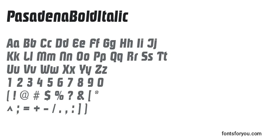 A fonte PasadenaBoldItalic – alfabeto, números, caracteres especiais