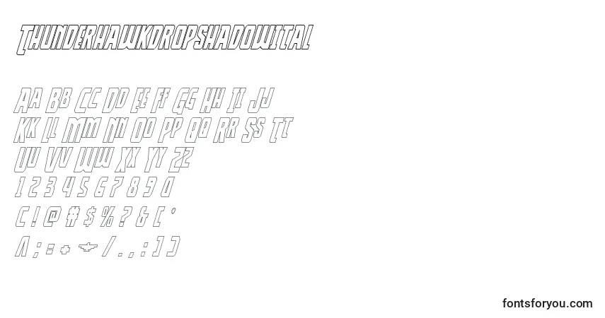 Czcionka Thunderhawkdropshadowital – alfabet, cyfry, specjalne znaki