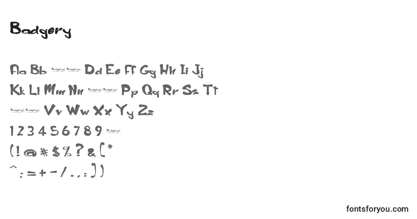 Schriftart Badgery – Alphabet, Zahlen, spezielle Symbole