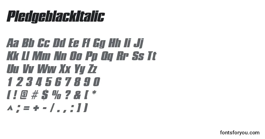 Шрифт PledgeblackItalic – алфавит, цифры, специальные символы