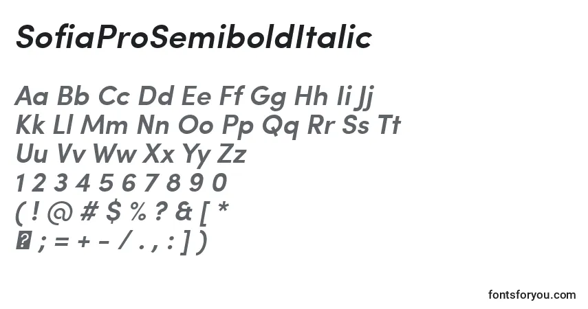Schriftart SofiaProSemiboldItalic – Alphabet, Zahlen, spezielle Symbole