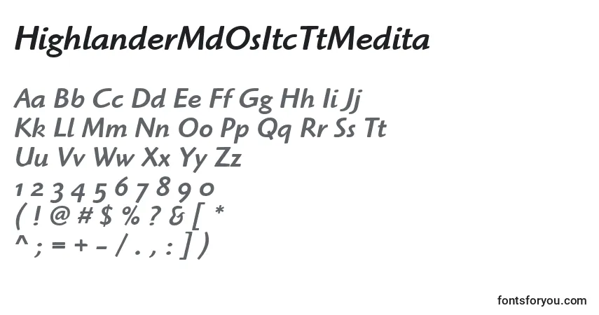 A fonte HighlanderMdOsItcTtMedita – alfabeto, números, caracteres especiais
