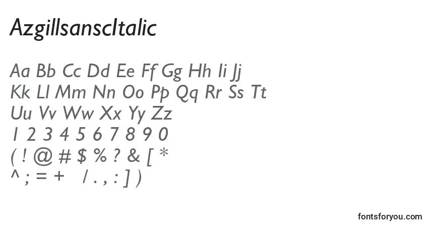 Czcionka AzgillsanscItalic – alfabet, cyfry, specjalne znaki
