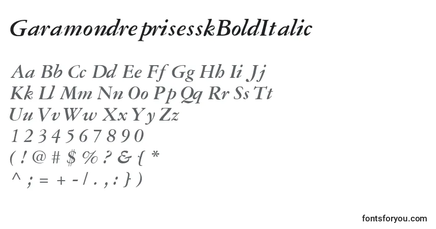 A fonte GaramondreprisesskBoldItalic – alfabeto, números, caracteres especiais