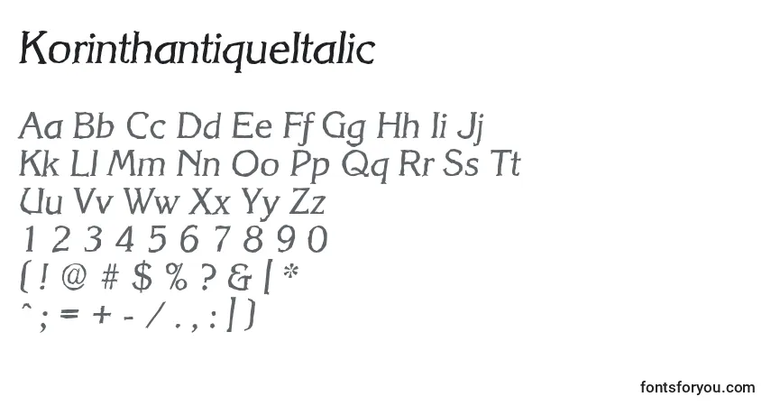 Шрифт KorinthantiqueItalic – алфавит, цифры, специальные символы