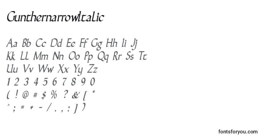 Schriftart GunthernarrowItalic – Alphabet, Zahlen, spezielle Symbole