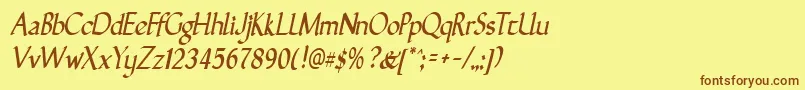 フォントGunthernarrowItalic – 茶色の文字が黄色の背景にあります。