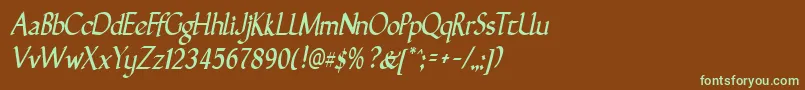 フォントGunthernarrowItalic – 緑色の文字が茶色の背景にあります。