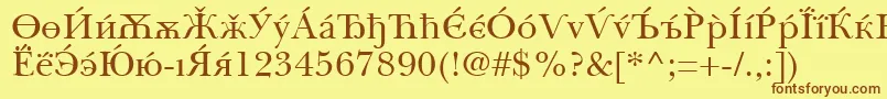 フォントBaskervilleCyrillicRoman – 茶色の文字が黄色の背景にあります。