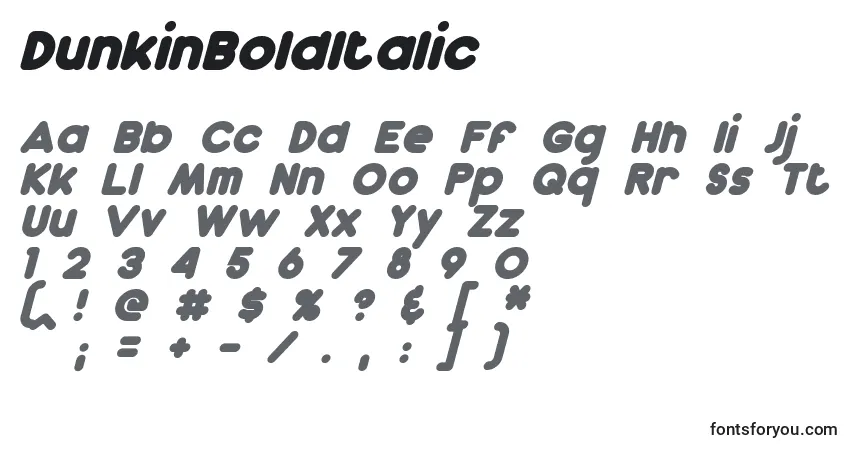 A fonte DunkinBoldItalic – alfabeto, números, caracteres especiais