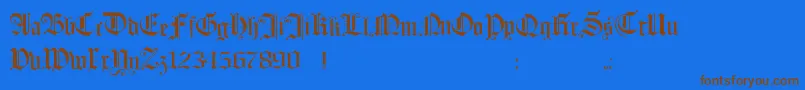 フォントHollandmorlaeu – 茶色の文字が青い背景にあります。