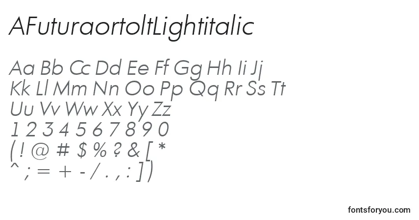 Czcionka AFuturaortoltLightitalic – alfabet, cyfry, specjalne znaki