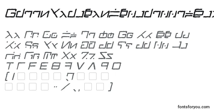 A fonte GreenMartianDistressedItalic – alfabeto, números, caracteres especiais