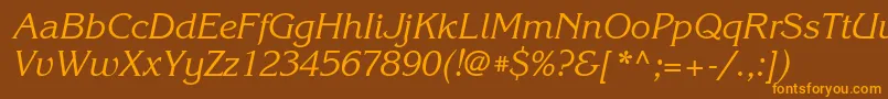 KorinnatttItalic-Schriftart – Orangefarbene Schriften auf braunem Hintergrund