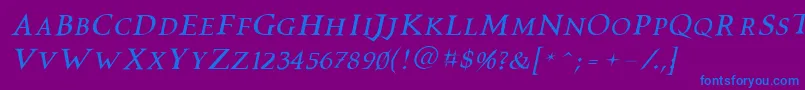 Vtcswitchbladeromanceitalic-Schriftart – Blaue Schriften auf violettem Hintergrund