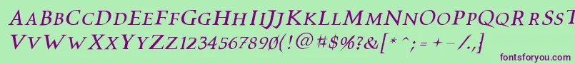 Vtcswitchbladeromanceitalic-fontti – violetit fontit vihreällä taustalla
