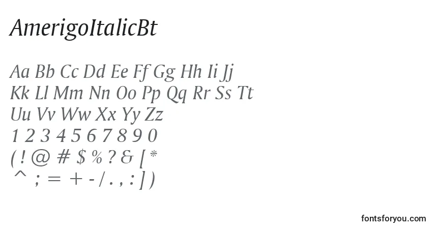 A fonte AmerigoItalicBt – alfabeto, números, caracteres especiais