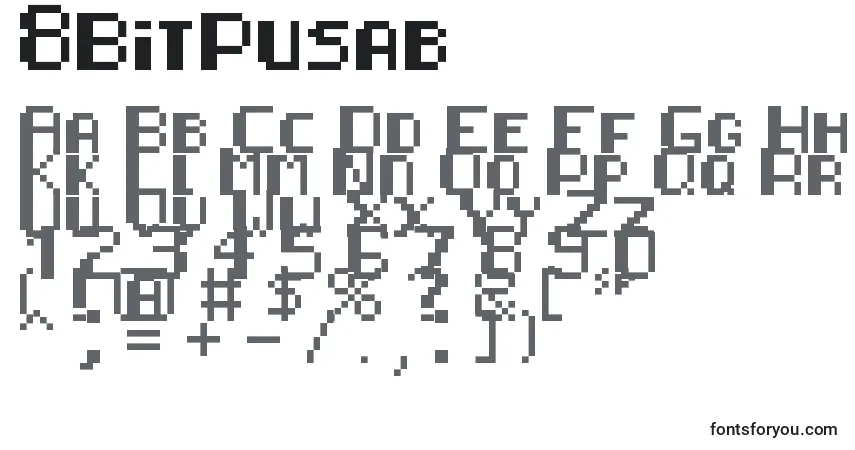 Czcionka 8BitPusab – alfabet, cyfry, specjalne znaki
