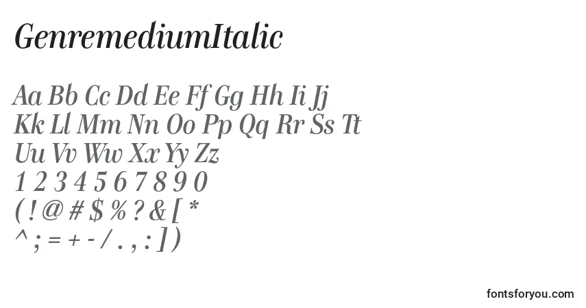 Czcionka GenremediumItalic – alfabet, cyfry, specjalne znaki