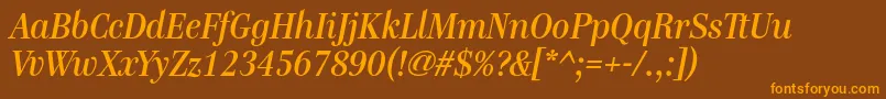 GenremediumItalic-Schriftart – Orangefarbene Schriften auf braunem Hintergrund