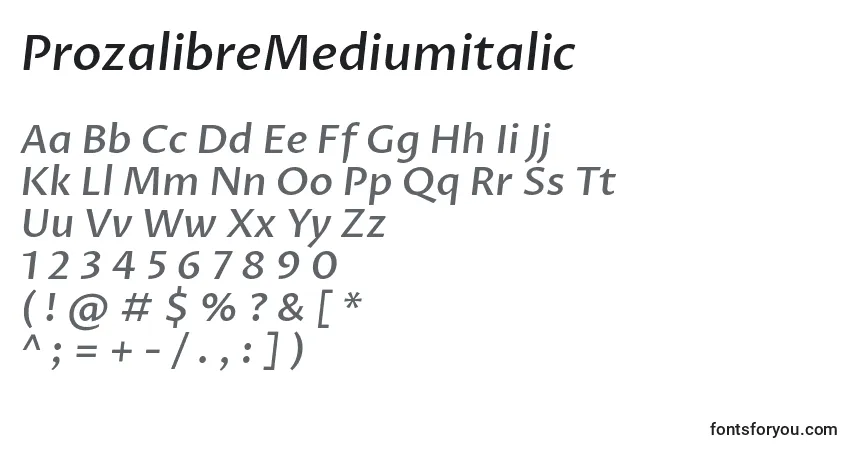 A fonte ProzalibreMediumitalic – alfabeto, números, caracteres especiais