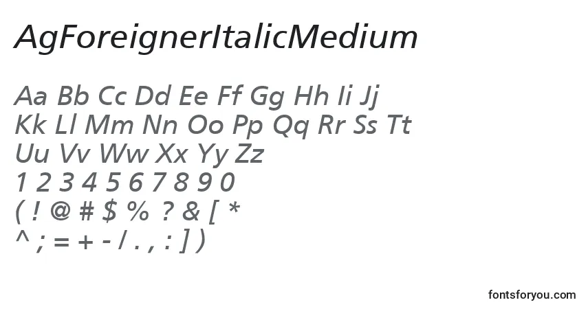 Czcionka AgForeignerItalicMedium – alfabet, cyfry, specjalne znaki