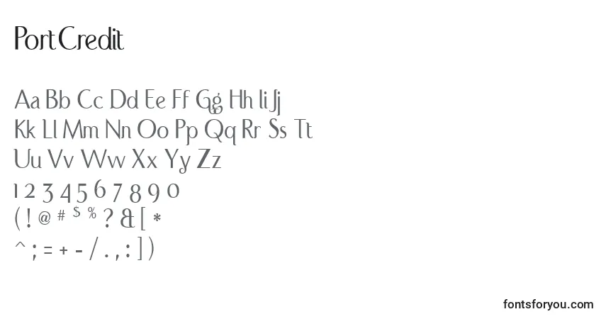 Schriftart PortCredit – Alphabet, Zahlen, spezielle Symbole