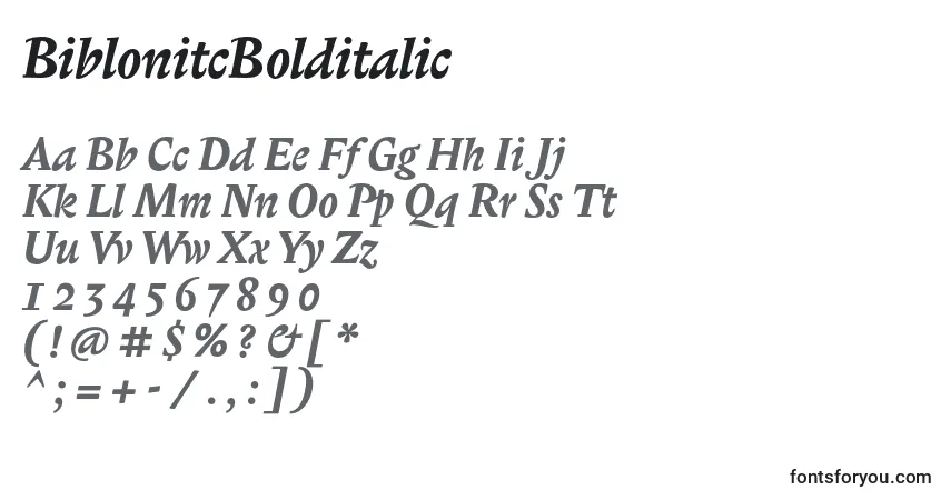 A fonte BiblonitcBolditalic – alfabeto, números, caracteres especiais