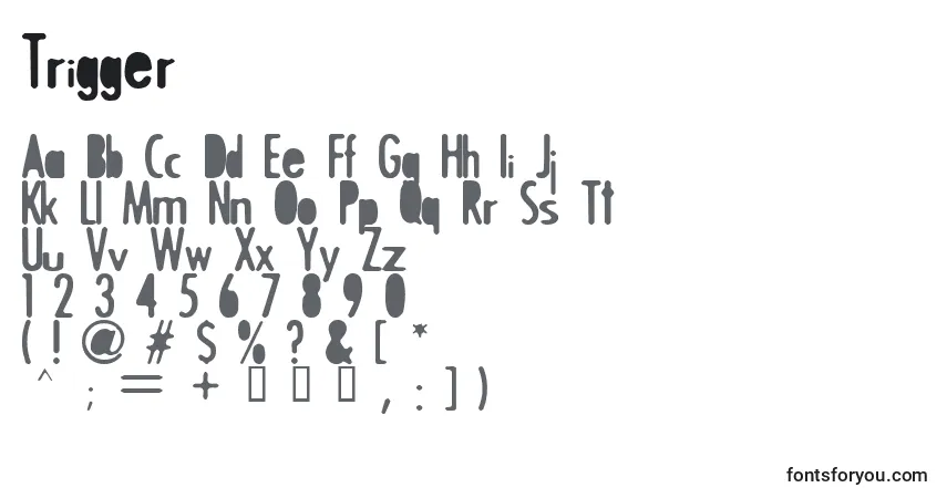 Czcionka Trigger – alfabet, cyfry, specjalne znaki