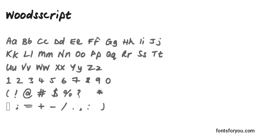Czcionka Woodsscript – alfabet, cyfry, specjalne znaki