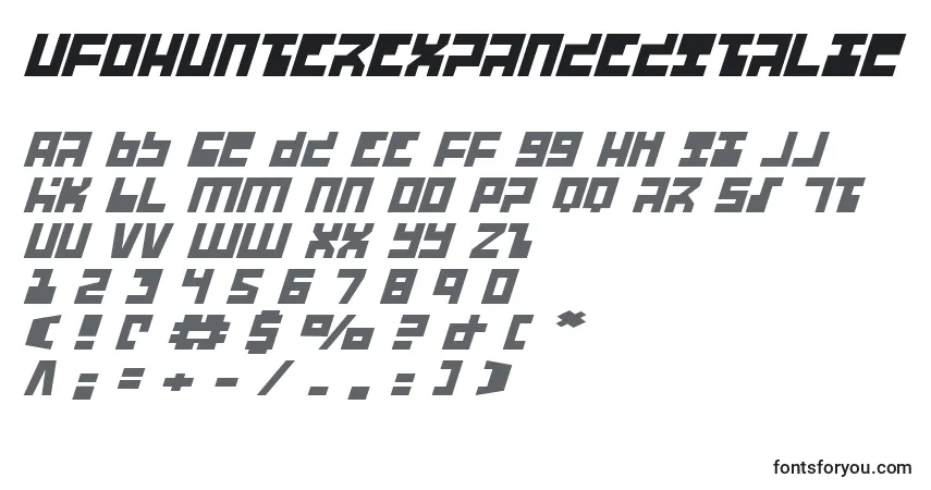 Шрифт UfoHunterExpandedItalic – алфавит, цифры, специальные символы